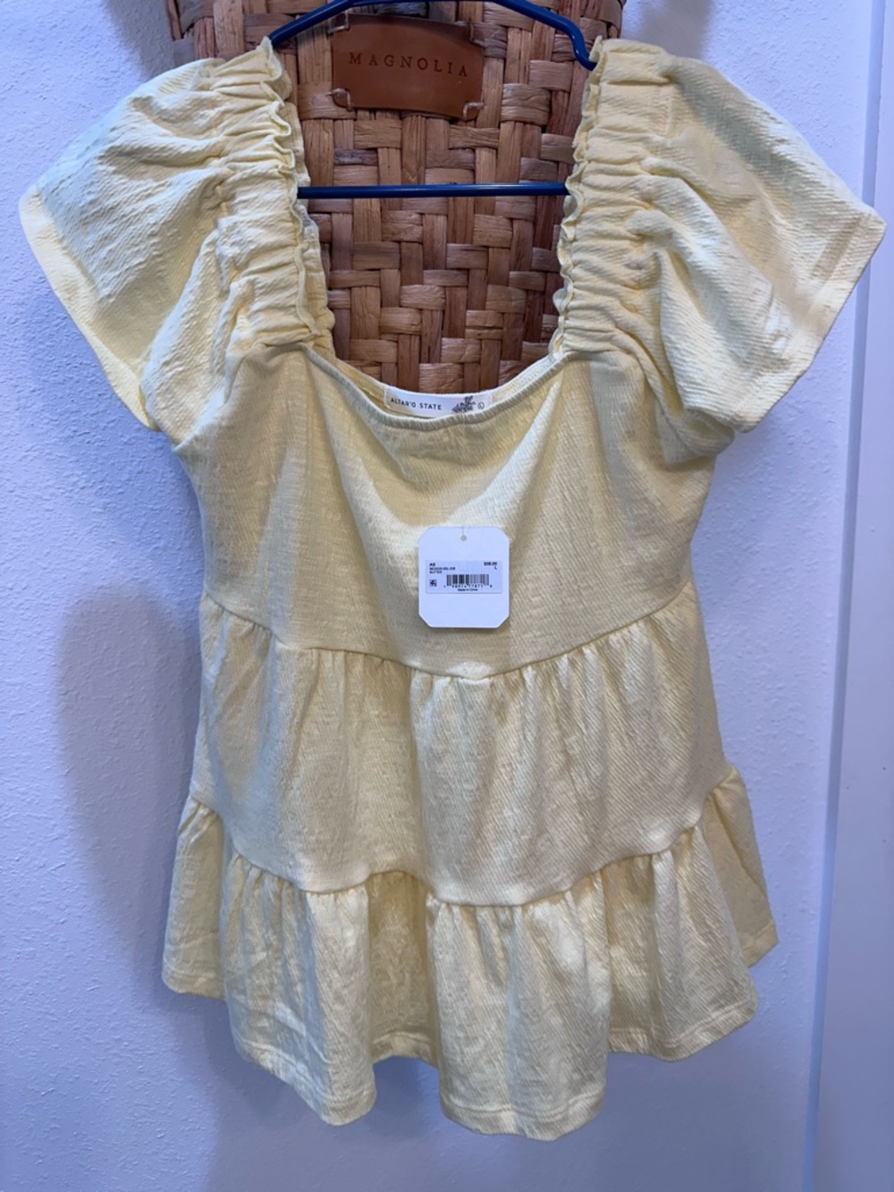 NWT Altard State Light Yellow Ruched Sleeve Tiered Peplum Top
